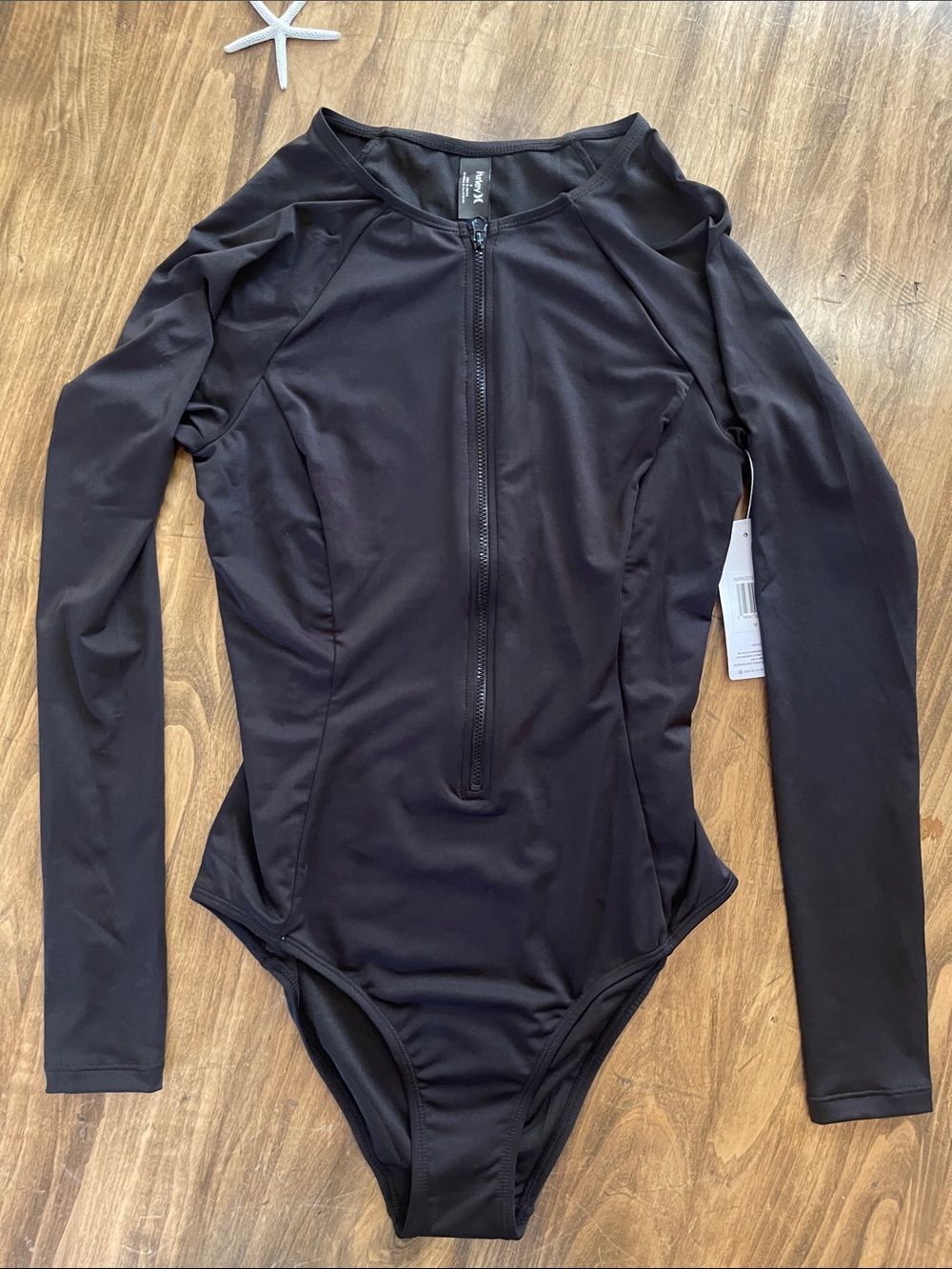 Hurley Black Long-Sleeve Zip Front One-Piece Swimsuit